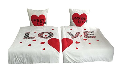 Leonado Vicenti Love Partnerbettwäsche Doppelpack Microfaser Bezüge Pärchen Herz Liebe mit Reißverschluss, 4 teilig, 135 x 200 cm, rot
