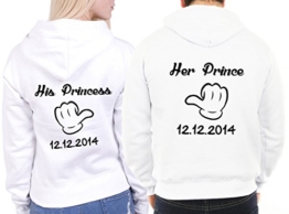 2 Partner Look Hoodies "Her Prince His Princess" mit Wunschdatum Pärchen Pullover mit Kapuze als Geschenk Valentinstag (Weiß) -