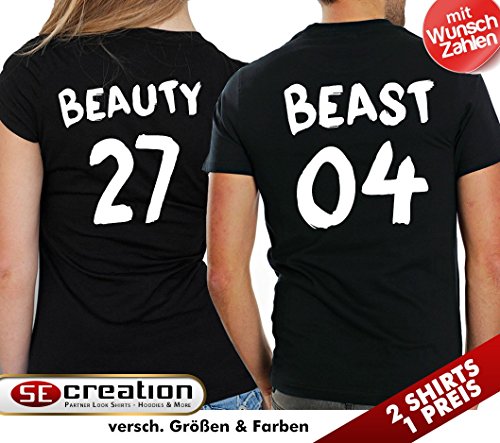 2 Partner Look Shirts "BEAST" mit Wunschzahl und "BEAUTY" in versch. Farben für Pärchen als Geschenk zum Valentinstag oder Hochzeitstag (Schwarz (weiße Schrift)) -