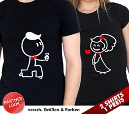 2 Partner Look Shirts Brautpaar mit Ring und Herz in versch. Farben für Pärchen als Geschenk zum Valentinstag oder Hochzeitstag (Schwarz) -