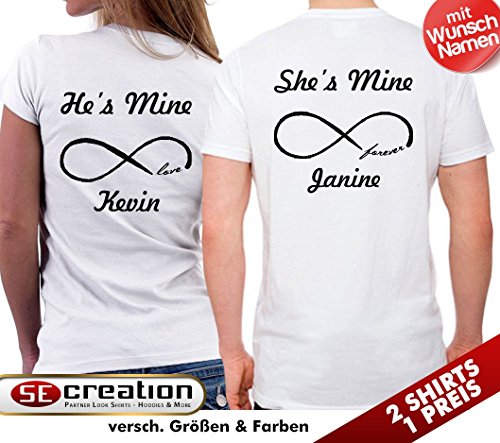 2 Partner Look Shirts "He is mine" und "She is mine" mit Wunschnamen und Ewigkeitssymbol in versch. Farben für Pärchen als Geschenk zum Valentinstag oder Hochzeitstag (Weiß) -