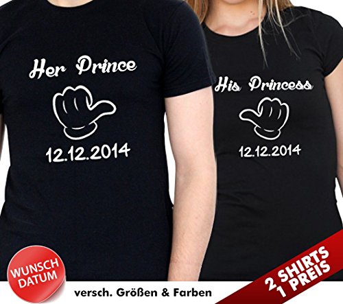 2 Partner Look Shirts "Her Prince" und "His Princess" mit Wunschdatum für Pärchen als Geschenk - Valentinstag oder Hochzeitstag (Schwarz/Schwarz) -