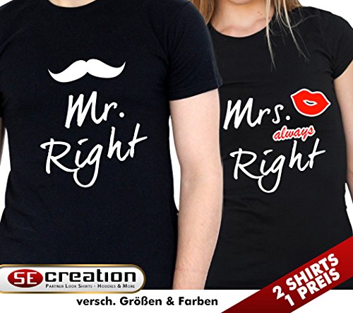 2 Partner Look Shirts "MR. Right" und "Mrs. always Right" in versch. Farben für Pärchen als Geschenk zum Valentinstag oder Hochzeitstag (Schwarz) -