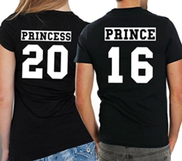 2 Partner Look Shirts "PRINCE" mit Wunschzahl und "PRINCESS" in versch. Farben für Pärchen als Geschenk zum Valentinstag oder Hochzeitstag (Schwarz) -