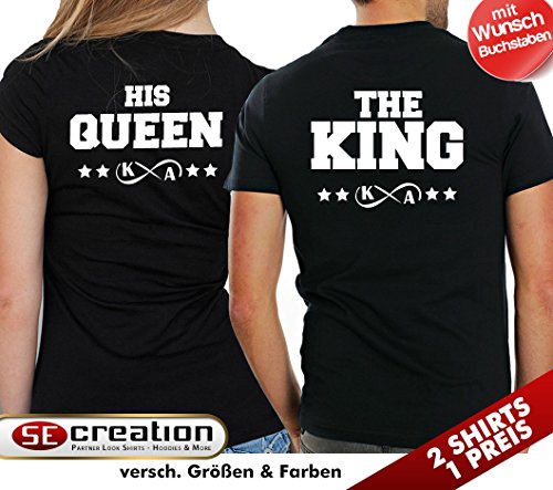 2 Partner Look T-Shirts "THE KING" und "HIS QUEEN" mit Wunschnamen in versch. Farben für Pärchen als Geschenk zum Valentinstag oder Hochzeitstag (Schwarz) -