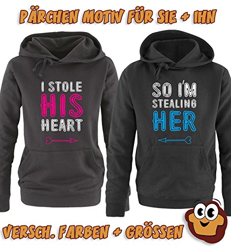 Comedy Shirts - I STOLE HIS HEART - Damen Hoodie - Schwarz / Weiss-Rot Gr. S -