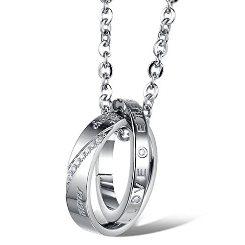 Kim Johanson Pärchen Halsketten für verliebte aus Edelstahl mit doppelten Ringen Silber und Gravur inkl. Schmuckbeutel -