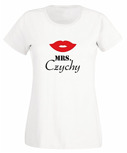 "Mr. & Mrs." Partner T-Shirt mit Namen, Kussmund & Schnauzer - Hochzeitsgeschenk -