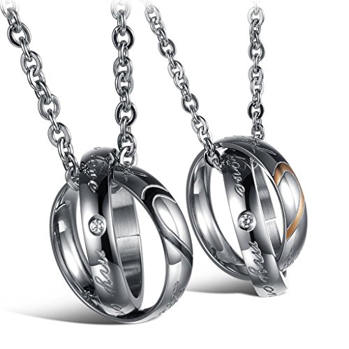 Jewow Schmuck Edelstahl Verliebte Paar Halskette Doppelt Ring Anhänger mit Gravur für Sie und Ihn -