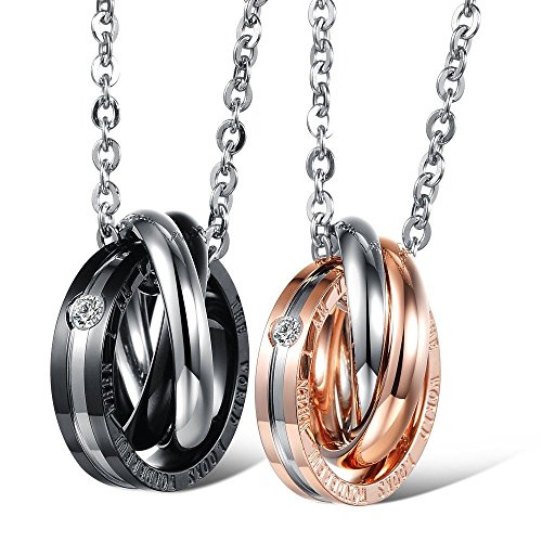 Kim Johanson Pärchen Halsketten "Wonderful" für verliebte aus Edelstahl mit jeweils drei Ringen und Gravur Schmuckset inkl. Schmuckbeutel -