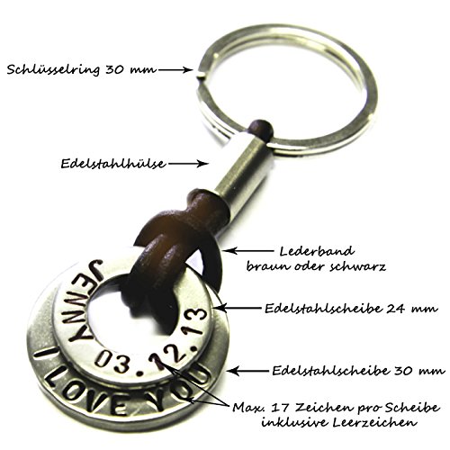 Schlüsselanhänger aus Edelstahl mit Lederband und Text Gravur -