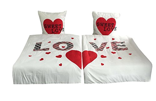 Leonado Vicenti Love Partnerbettwäsche Doppelpack Microfaser Bezüge Pärchen Herz Liebe mit Reißverschluss, 4 teilig, 135 x 200 cm, rot -
