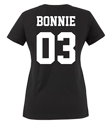 Comedy Shirts - BONNIE 03 - Damen V-Neck T-Shirt - Schwarz / Weiss Gr. S -