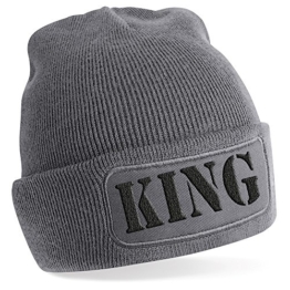 KING , Motiv auf Beanie Mütze - warme Wintermütze - modisches Accessoire - Unisex - für Mann und Frau - classic - Vielzahl an Motiven und Designs / Grey -
